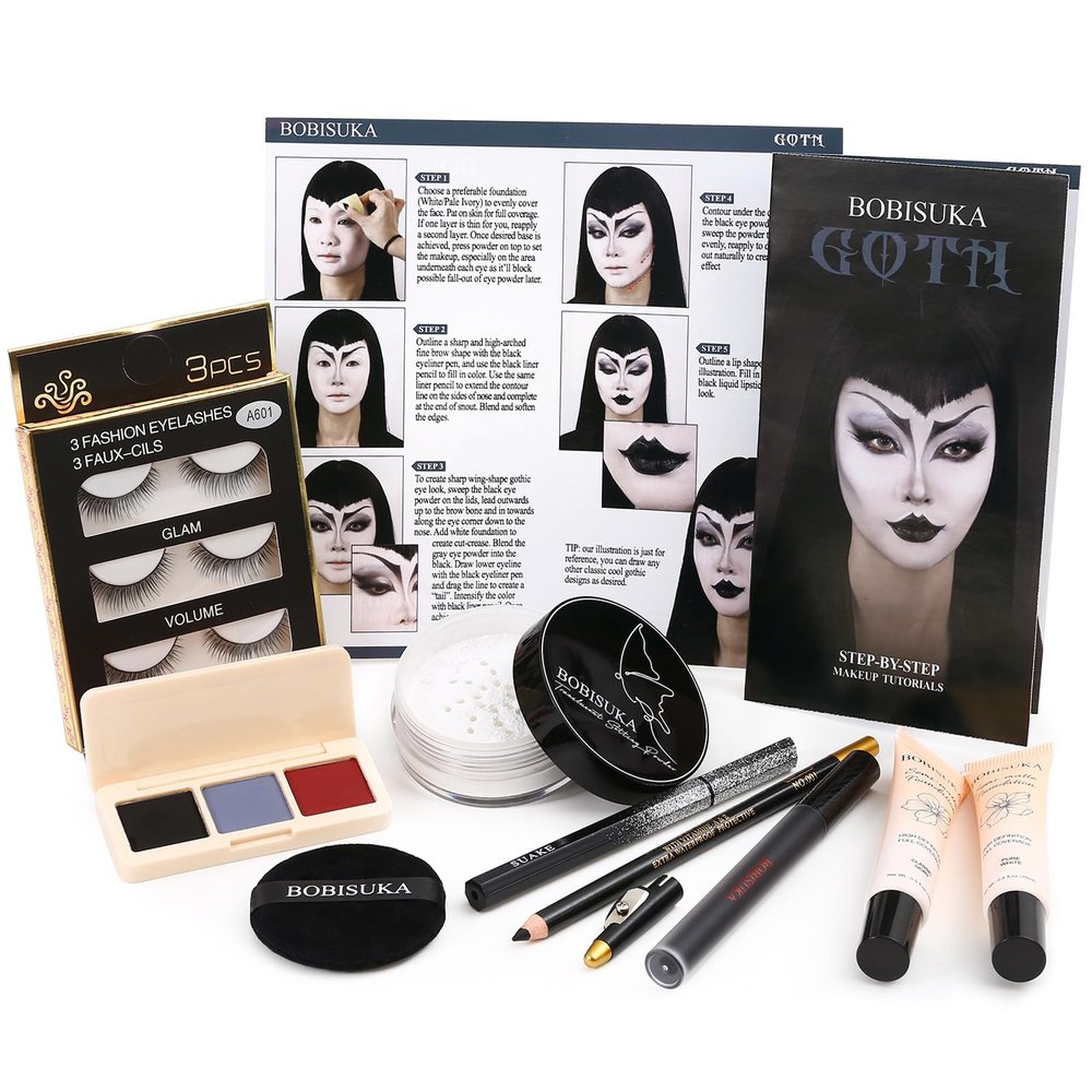 Halloween Goth Makeup, Complete Goth Make Up Set with White Foundation, Black Lipstick, Dark Smokey Eyeshadow Kit for SFX Gothic Makeup, Cosplay, Costume Party, Theater and Film