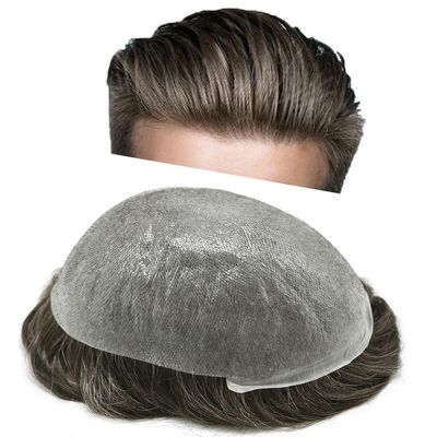 LYRICAL HAIR Mens Toupee Ultra Thin Skin V-loop Hairpieces Full Poly Hair System Replacement All Pu Transparent Human Hair Units (420 4# Medium BROWN + 20% SYNTHETIC GREY, 90% Light Density)