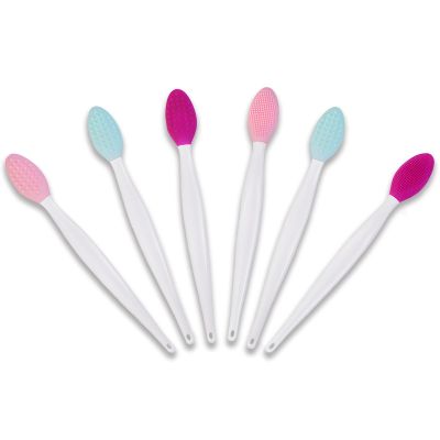 6 PCS Lip Scrub Brush, Double-Sided Mini Silicone Exfoliating Brush for Men Women, lip lightening for dark lips (Pink Green Purple)