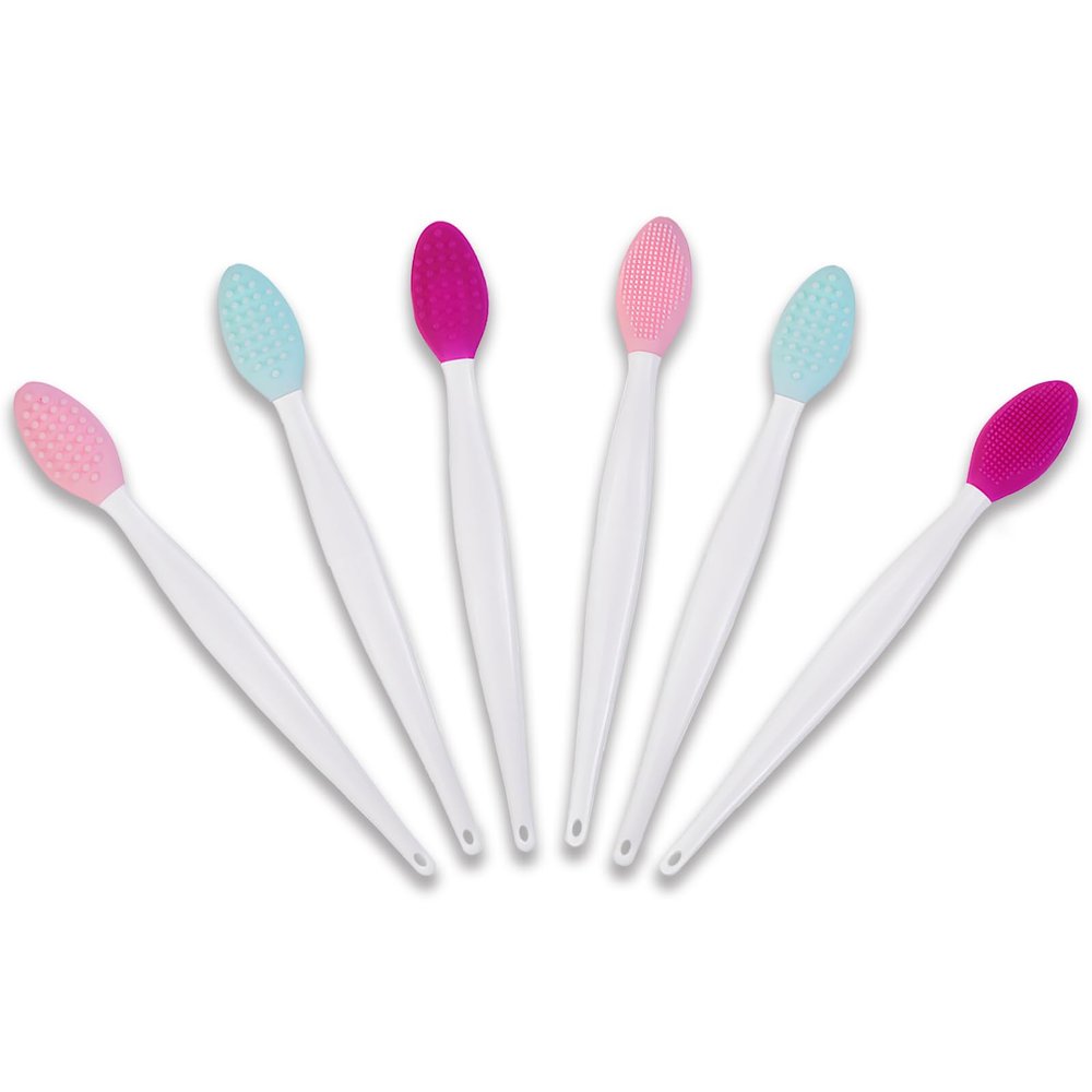 6 PCS Lip Scrub Brush, Double-Sided Mini Silicone Exfoliating Brush for Men Women, lip lightening for dark lips (Pink Green Purple)