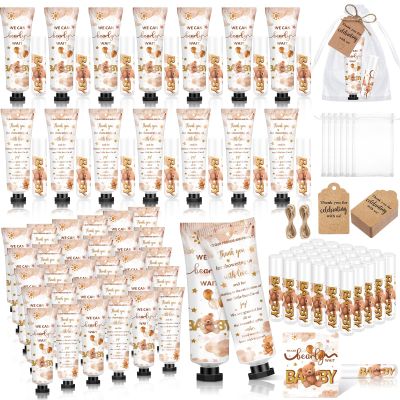Dimsile 50 Sets 200 Pcs Baby Shower Hand Lotion and Lip Balm Gift Theme Baby Shower Party Favors Travel Size Hand Lotion and Lip Balm Bulk with Organza Bags Tags(Bear)