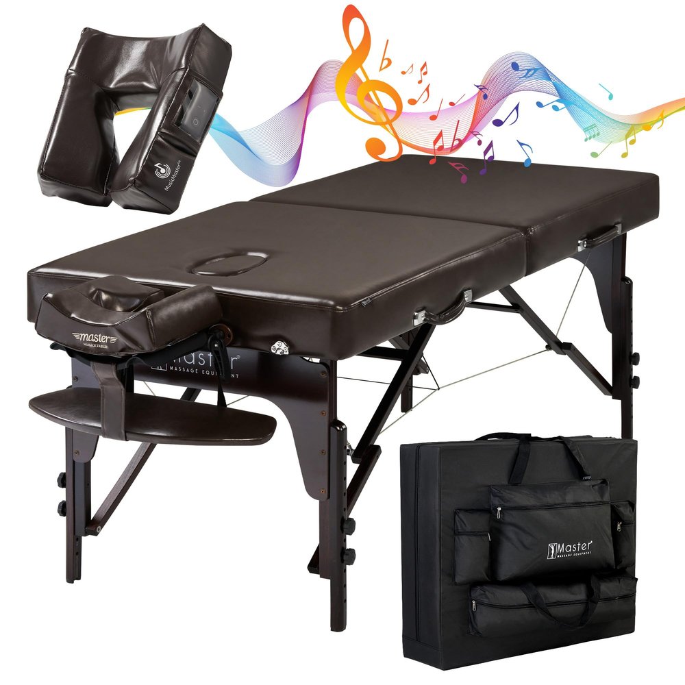 Master Massage 31" Supreme Massage Table Beauty Bed Package with Extra MusicMaster Ergonomic Dream Sound Face Cradle Cushion- Chocolate Nano