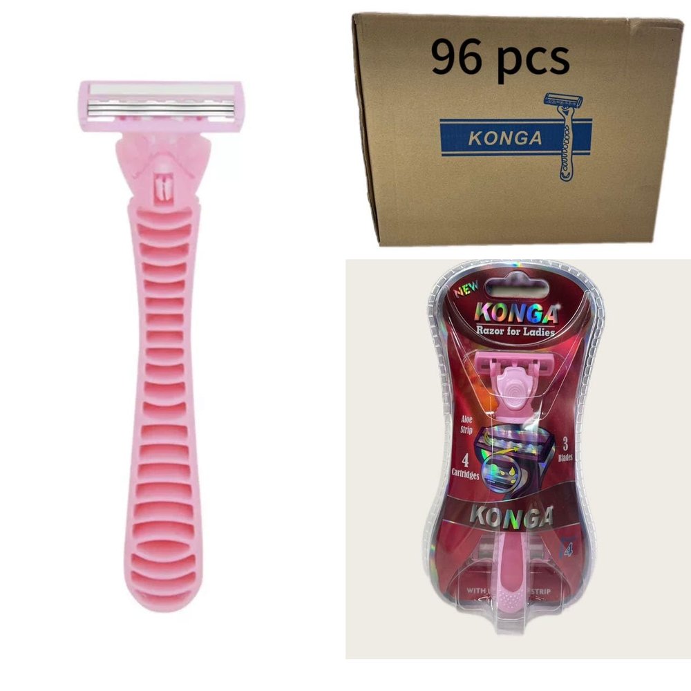 NinthAvenue Basics Pink konga Shaving Razor Set with 3 Refill Blade for Women Girls,3 Layers Blade Design with Stainless Steel Material, Pink Shaving for Sensitive Skin boxs 96 pcs
