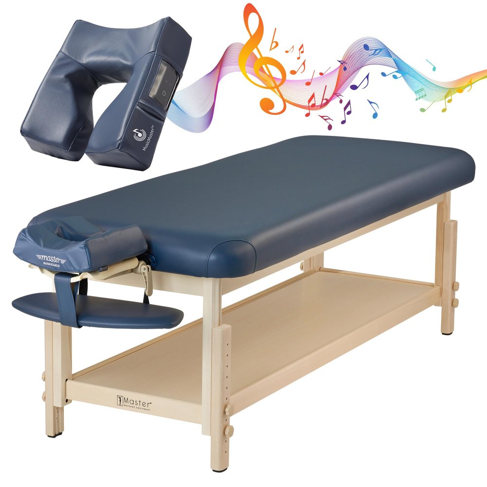 Master Massage 30" Laguna Stationary Massage Table Beauty Bed Package with Extra MusicMaster Ergonomic Dream Sound Face Cradle Cushion- Royal Blue