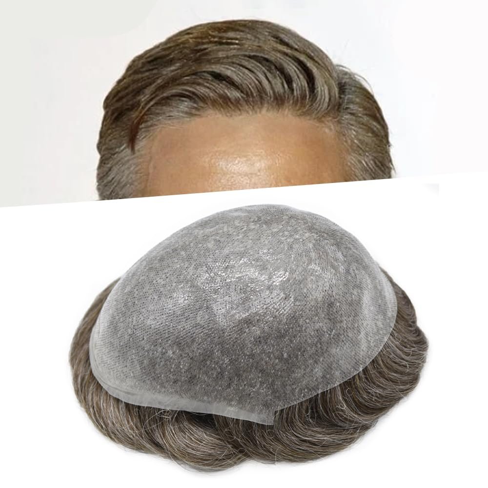 0.08mm Thin Skin Toupee for Men Human Hair Replacement System Full PU Mens Toupee V-looped Front Invisible Hairline Hair System for Men Hairpiece 8X10 #740 #7 VERY LIGHT BROWN+40% GREY 100% Density