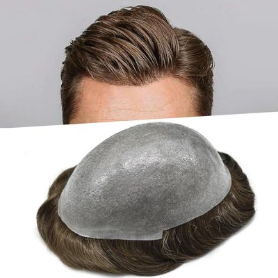 0.08mm Thin Skin Toupee for Men Human Hair Replacement System Full PU Mens Toupee V-looped Front Invisible Hairline Hair System for Men Hairpiece 8X10 #210 #2 DARKEST BROWN+10% GREY 100% Density