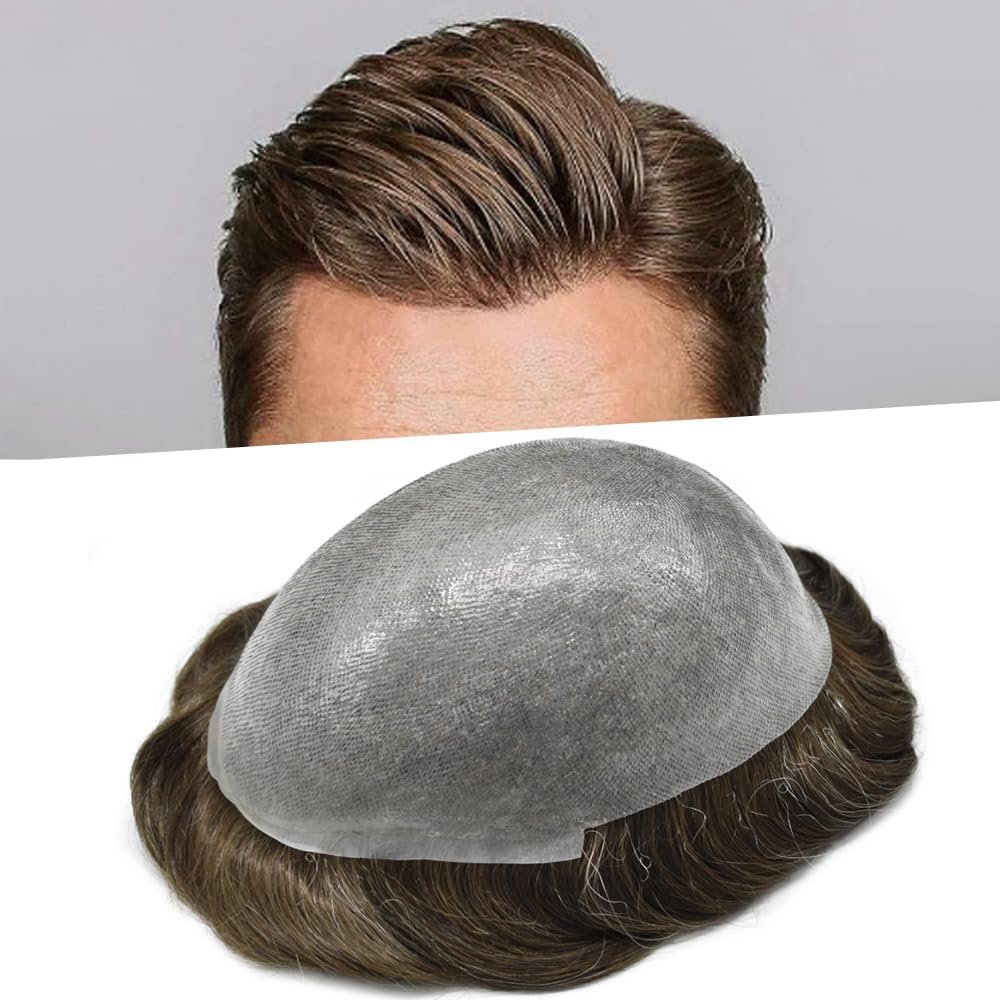 0.08mm Thin Skin Toupee for Men Human Hair Replacement System Full PU Mens Toupee V-looped Front Invisible Hairline Hair System for Men Hairpiece 8X10 #210 #2 DARKEST BROWN+10% GREY 100% Density