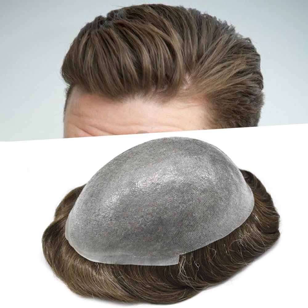 0.08mm Thin Skin Toupee for Men Human Hair Replacement System Full PU Mens Toupee V-looped Front Invisible Hairline Hair System for Men Hairpiece 8X10 #410 #4 MEDIUM BROWN+10% GREY 100% Density