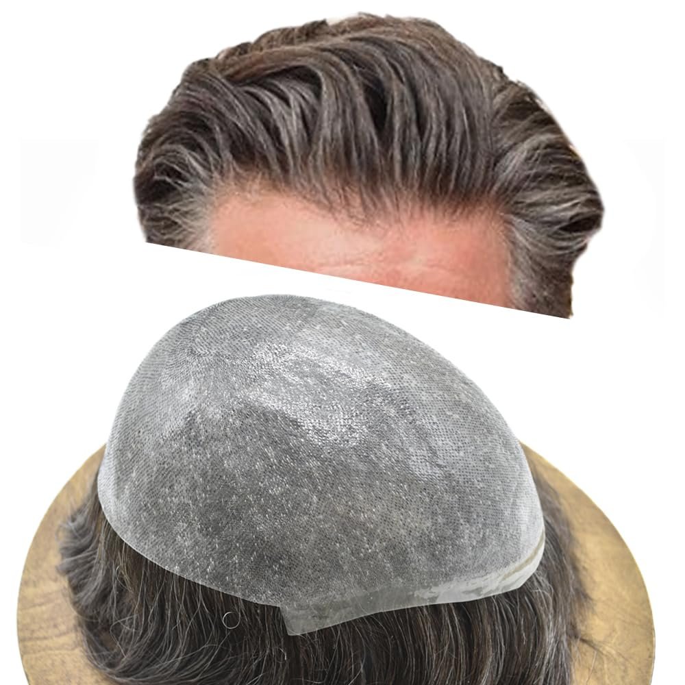 0.08mm Thin Skin Toupee for Men Human Hair Replacement System Full PU Mens Toupee V-looped Front Invisible Hairline Hair System for Men Hairpiece 8X10 #250 #2 DARKEST BROWN+50% GREY 100% Density