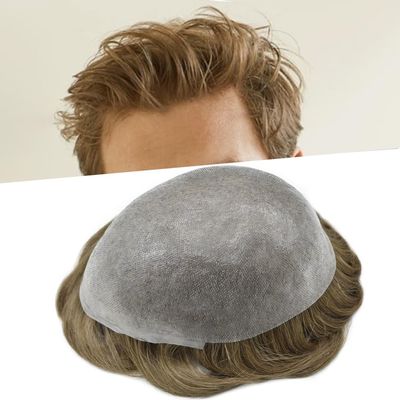 0.08mm Thin Skin Toupee for Men Human Hair Replacement System Full PU Mens Toupee V-looped Front Invisible Hairline Hair System for Men Hairpiece 8X10 #1810 #18 MEDIUM BLONDE+10% GREY 100% Density