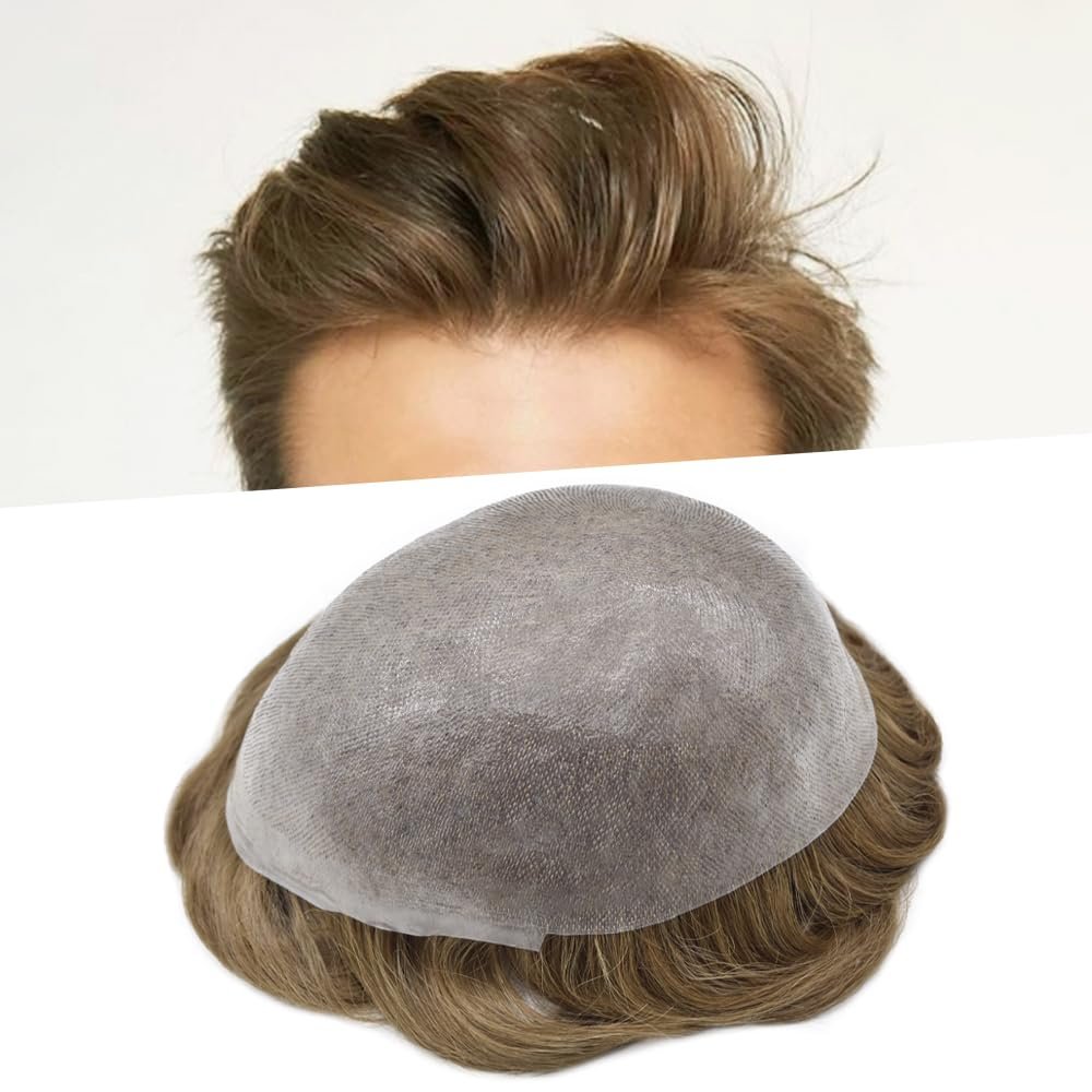 0.08mm Thin Skin Toupee for Men Human Hair Replacement System Full PU Mens Toupee V-looped Front Invisible Hairline Hair System for Men Hairpiece 8X10 #1730 #17 DARK ASH BLONDE+30% GREY 100% Density