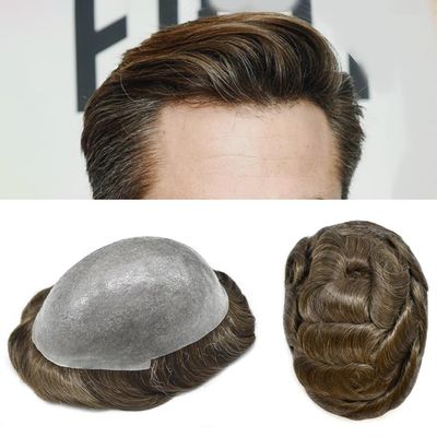 0.08mm Thin Skin Toupee for Men Human Hair Replacement System Full PU Mens Toupee V-looped Front Invisible Hairline Hair System for Men Hairpiece 8X10 #510 #5 MEDIUM LIGHT BROWN+10% GREY 100% Density