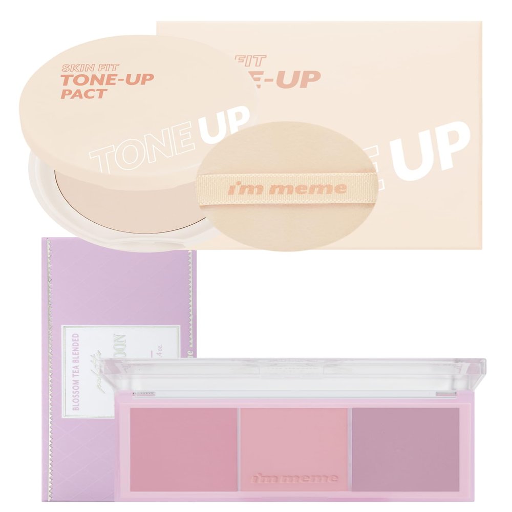 I'M MEME Fair-Light Setting Powder - Tone Up Pact with Puff, 0.35 Oz + Palette - Afternoon Tea Blusher Blossom Tea Blended, 0.4 Oz Bundle