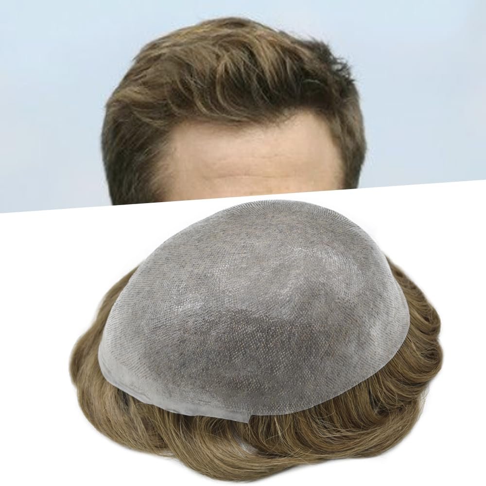 0.08mm Thin Skin Toupee for Men Human Hair Replacement System Full PU Mens Toupee V-looped Front Invisible Hairline Hair System for Men Hairpiece 8X10 #1820 #18 MEDIUM BLONDE+20% GREY 100% Density
