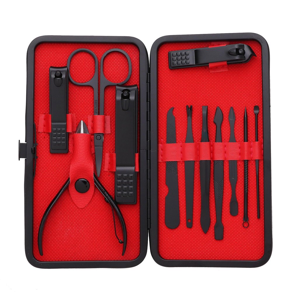 Manicure Set Pedicure Kit Stainless Steel 12 Pcs Set Toe Finger Nail Clipper Personal Care Grooming For Men Women with Luxurious Travel Case - Black