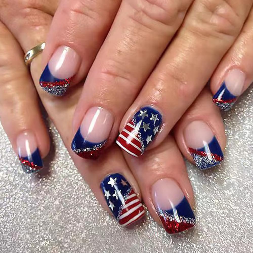 24Pcs 4th of July Press on Nails Short Square Fake Nails with Glitters Stripe Design Red Blue Acrylic Nails Stars Stick on Nails Independence Day False Nails with Glue on Nails for Women and Girls