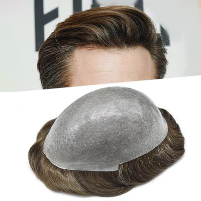 0.08mm Thin Skin Toupee for Men Human Hair Replacement System Full PU Mens Toupee V-looped Front Invisible Hairline Hair System for Men Hairpiece 8X10 #520 #5 MEDIUM LIGHT BROWN+20% GREY 100% Density