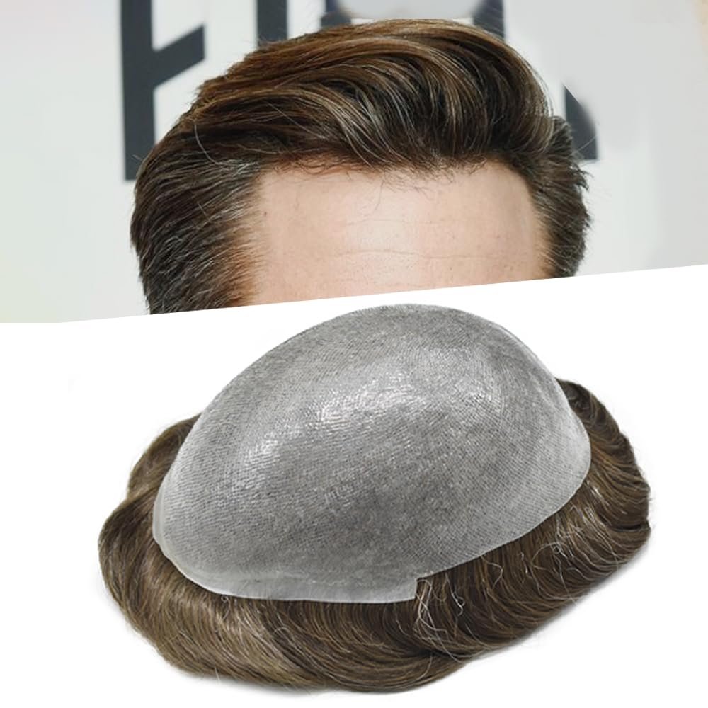 0.08mm Thin Skin Toupee for Men Human Hair Replacement System Full PU Mens Toupee V-looped Front Invisible Hairline Hair System for Men Hairpiece 8X10 #520 #5 MEDIUM LIGHT BROWN+20% GREY 100% Density