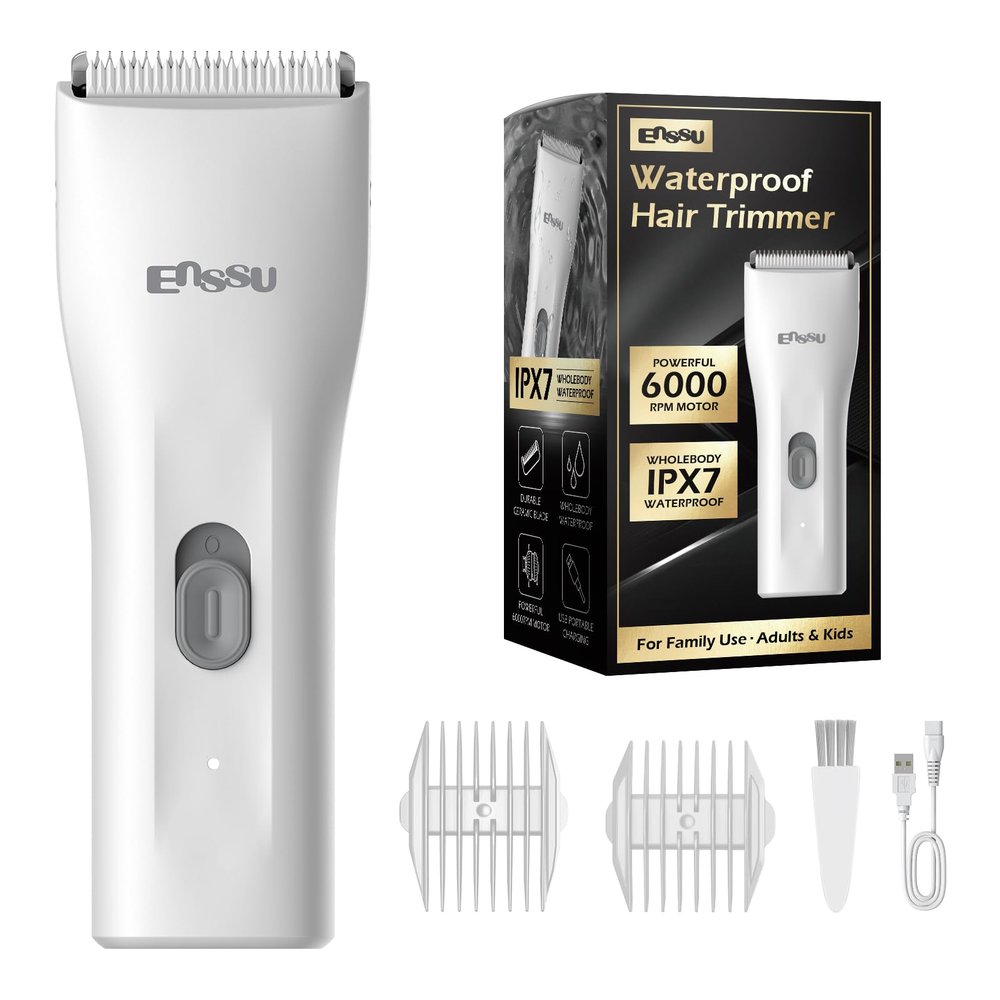 ENSSU Cordless Hair Clippers for Men - Waterproof Beard Trimmer with Ceramic Blade, Rechargeable Electric Hair Cutting Kit for Adults and Kids, White