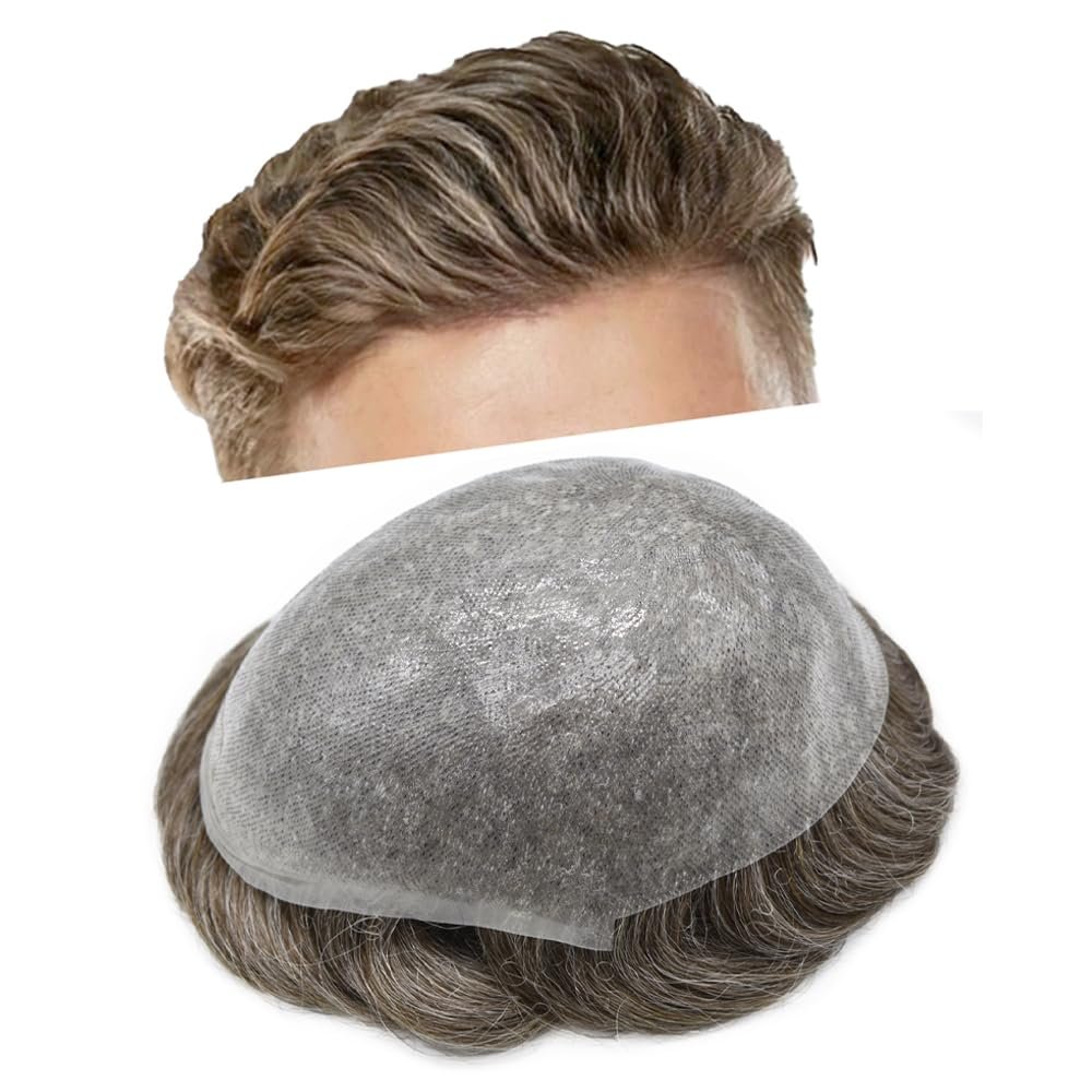 0.08mm Thin Skin Toupee for Men Human Hair Replacement System Full PU Mens Toupee V-looped Front Invisible Hairline Hair System for Men Hairpiece 8X10 #530 #5 MEDIUM LIGHT BROWN+30% GREY 100% Density