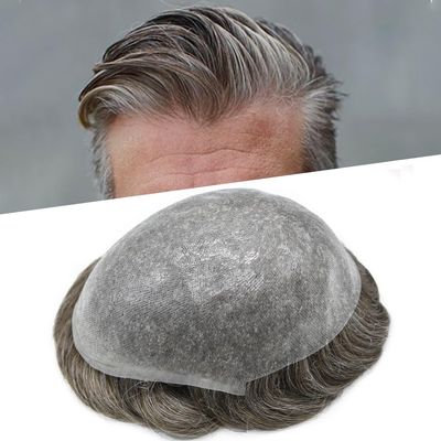0.08mm Thin Skin Toupee for Men Human Hair Replacement System Full PU Mens Toupee V-looped Front Invisible Hairline Hair System for Men Hairpiece 8X10 #440 #4 MEDIUM BROWN+40% GREY 100% Density