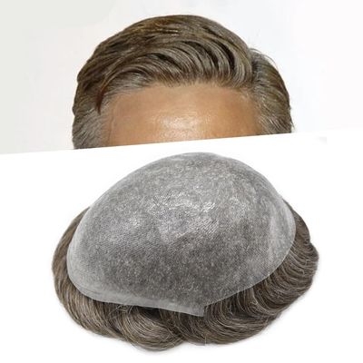 0.08mm Thin Skin Toupee for Men Human Hair Replacement System Full PU Mens Toupee V-looped Front Invisible Hairline Hair System for Men Hairpiece 8X10 #550 #5 MEDIUM LIGHT BROWN+50% GREY 100% Density