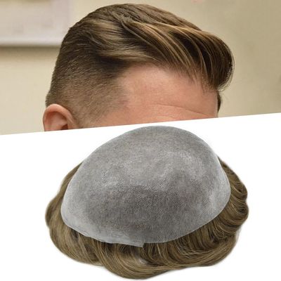 0.08mm Thin Skin Toupee for Men Human Hair Replacement System Full PU Mens Toupee V-looped Front Invisible Hairline Hair System for Men Hairpiece 8X10 #710 #7 VERY LIGHT BROWN+10% GREY 100% Density
