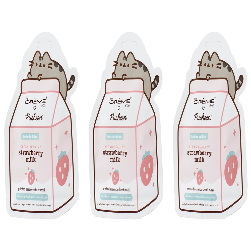 The Crme Shop X PUSHEEN KLEAN BEAUTY Strawberry Milk Printed Essence Sheet Mask | Vitamin C & Vegan Collagen | Vegan, Cruelty-Free (Set of 3), Meowing
