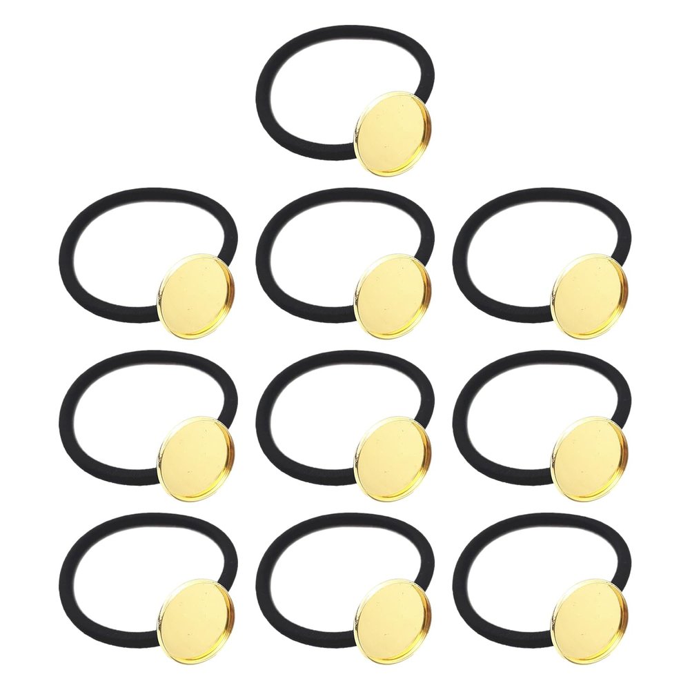 10 Pieces Hair Ties Hair Bands with 20mm Round Blank Cabochon Setting Tray Elastic Hair Rope with Blank Tray for DIY Hair Accessories Making, Black and Gold