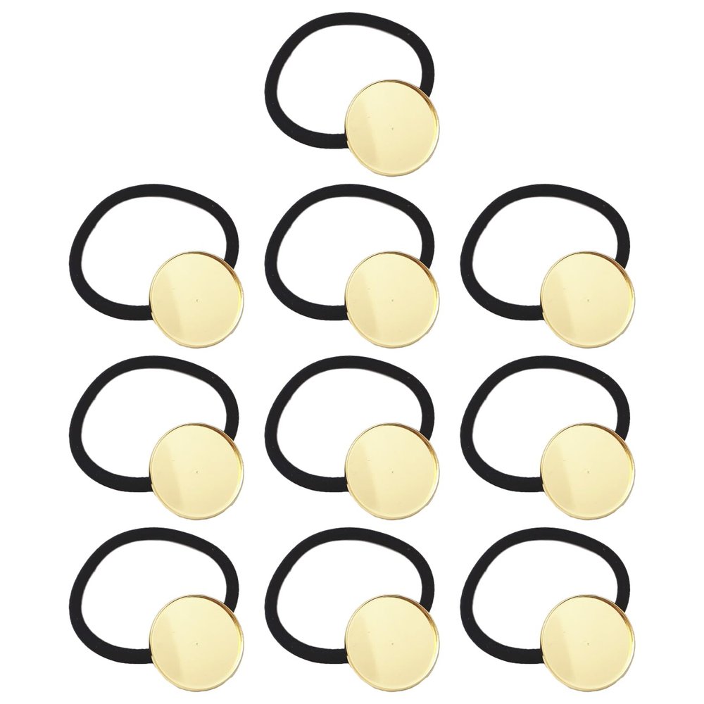 10 Pieces Hair Ties Hair Bands with 25mm Round Blank Cabochon Setting Tray Elastic Hair Rope with Blank Tray for DIY Hair Accessories Making, Black and Gold