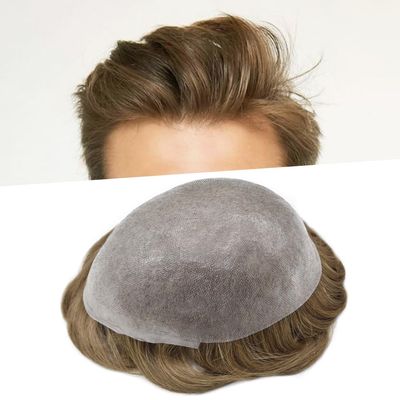 0.08mm Thin Skin Toupee for Men Human Hair Replacement System Full PU Mens Toupee V-looped Front Invisible Hairline Hair System for Men Hairpiece 8X10 #1720 #17 DARK ASH BLONDE+20% GREY 100% Density