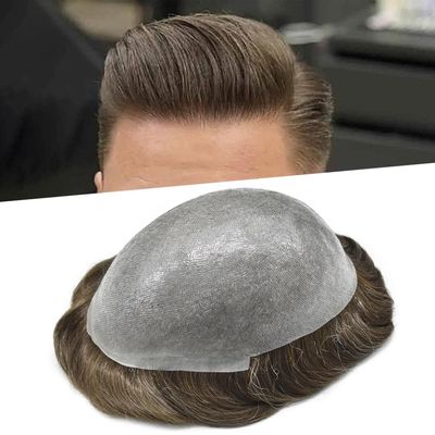 0.08mm Thin Skin Toupee for Men Human Hair Replacement System Full PU Mens Toupee V-looped Front Invisible Hairline Hair System for Men Hairpiece 8X10 #720 #7 VERY LIGHT BROWN+20% GREY 100% Density