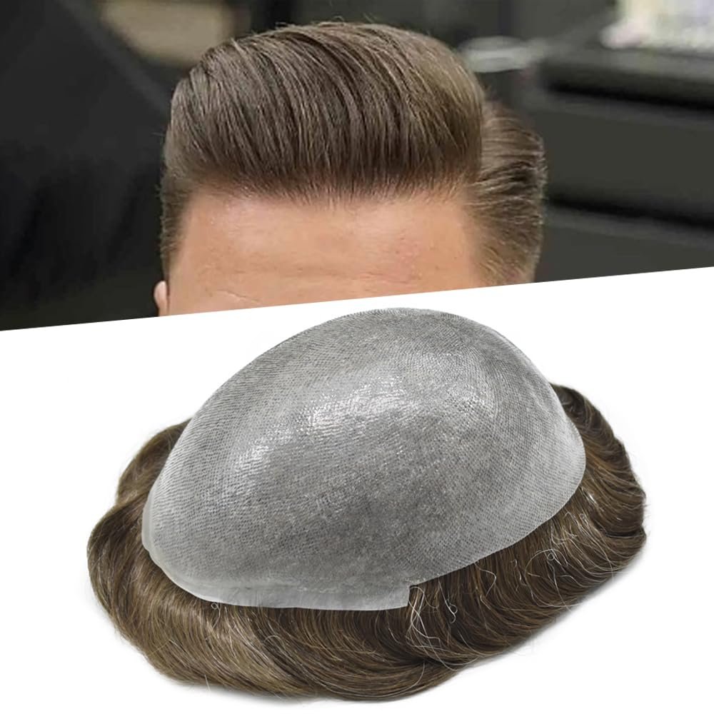 0.08mm Thin Skin Toupee for Men Human Hair Replacement System Full PU Mens Toupee V-looped Front Invisible Hairline Hair System for Men Hairpiece 8X10 #720 #7 VERY LIGHT BROWN+20% GREY 100% Density