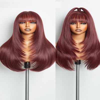 GORGIUS Straight Layered Wigs with Bangs Glueless Burgundy Color Wig 22 Inch Put On Go Wigs Crafted with Style-Archive Premium Fiber Natural Hairline