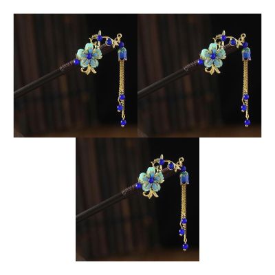 3Pcs Blue Vintage Tassel Wooden Hairpins - Retro Floral Hair Chopsticks for Weddings, Parties, and Hanfu Styling