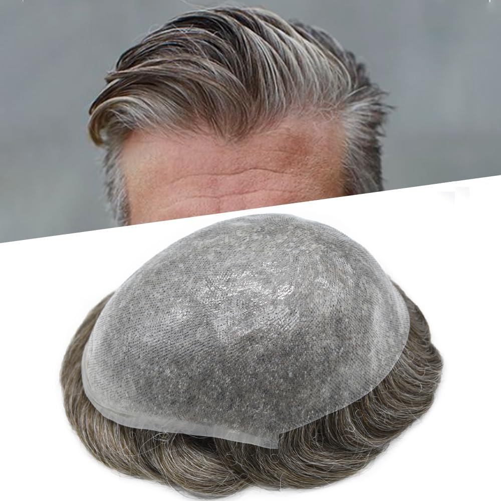 0.08mm Thin Skin Toupee for Men Human Hair Replacement System Full PU Mens Toupee V-looped Front Invisible Hairline Hair System for Men Hairpiece 8X10 #430 #4 MEDIUM BROWN+30% GREY 100% Density