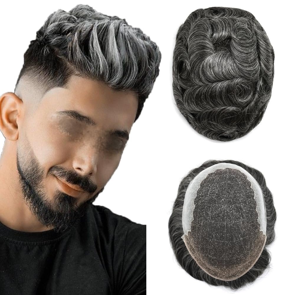 Mens Toupee Men Hairpiece Replacement System Fine Mono Lace Toupee For Men Pu Poly Skin Around Mens Hair Piece Natural Hairline Human Hair Wig6"X9"#1B40 Off Black+40% Gray