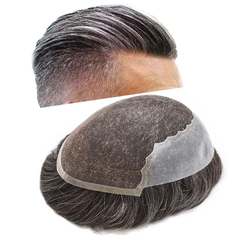Mens Toupee Men Hairpiece Replacement System Fine Mono Lace Toupee For Men Pu Poly Skin Around Mens Hair Piece Natural Hairline Human Hair Wig6"X9"#320 Dark Brown+20% Gray