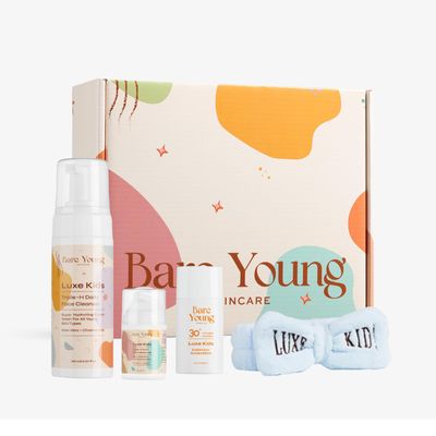 Bare Young Luxe Kids Complete Face Care Gift Set | Triple~H Face Cleanser & Moisturizer | 365 Covered Sunscreen | Luxe Kid Headband (Blue)