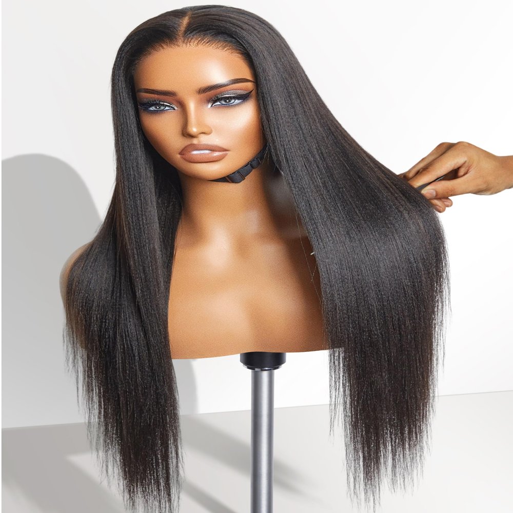LUVME HAIR 14 Inch Yaki Straight Human Hair Wigs Pre Cut 5x5 Glueless HD Lace Closure Wig Pre Plucked Natural Black