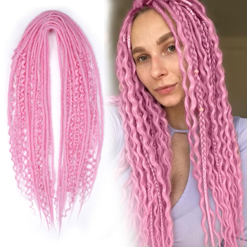 KRALER 24 Inch Mixed DE Dreadlock Extensions Sets, 3 in 1 20 Strands Synthetic Double Ended Dreads Extensions, Hot Party Pink Hippie Crochet Dreads Style for Girls