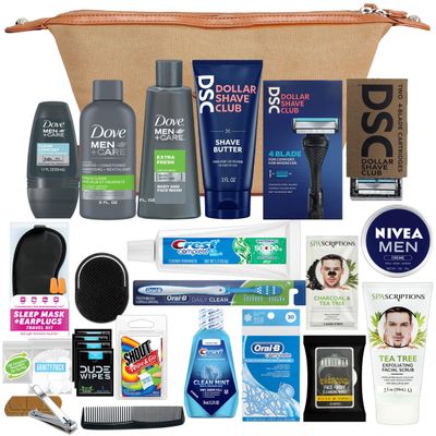 Convenience Kits International Mens Super Premium 34 PC Travel Kit Featuring: Travel-Size Hair Care Products Plus Face, Body, Oral Care, Travel Essentials in Large Canvas Toiletry Bag (Khaki)
