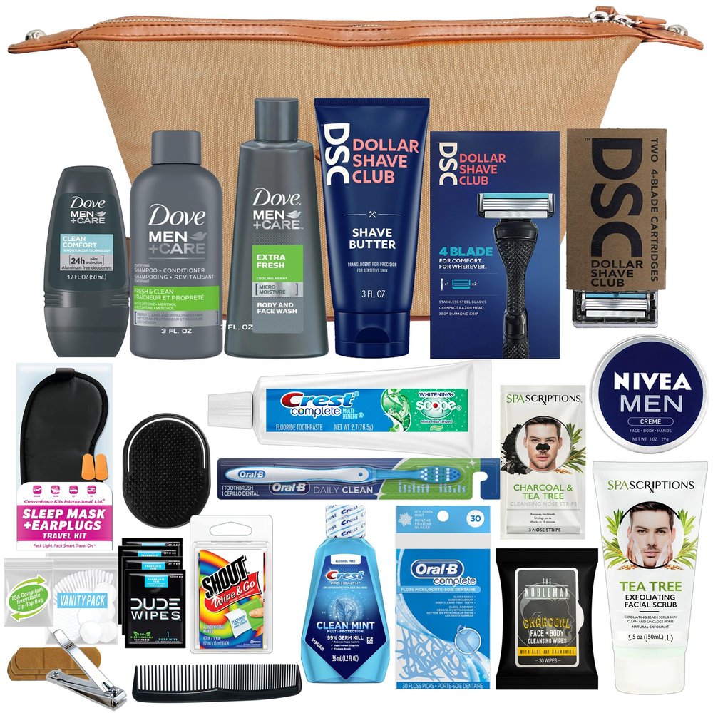 Convenience Kits International Mens Super Premium 34 PC Travel Kit Featuring: Travel-Size Hair Care Products Plus Face, Body, Oral Care, Travel Essentials in Large Canvas Toiletry Bag (Khaki)