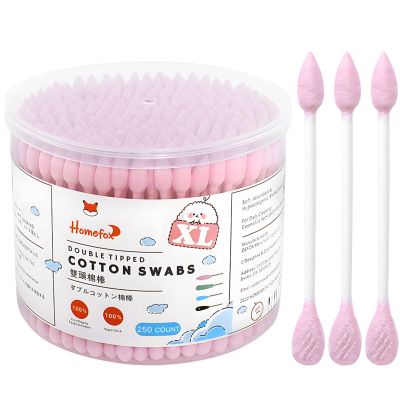 HOMEFOX Pink Cotton Swabs Flattened Pointed - 250 Count Organic XL Cotton Bud Double Side Tight Firm Wounded Precision Extra Large Cotton Tips Applicator Blender Paper Stick, Flatten & Pointy (Pink)