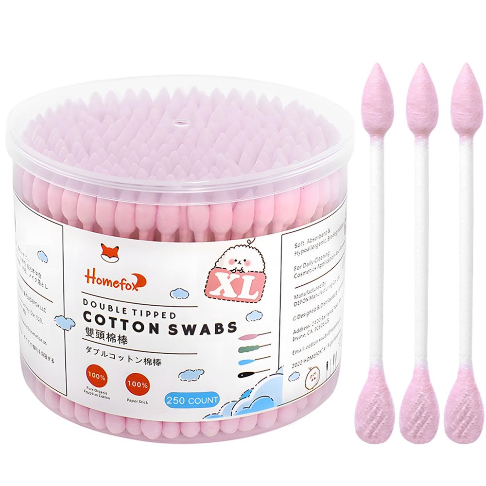 HOMEFOX Pink Cotton Swabs Flattened Pointed - 250 Count Organic XL Cotton Bud Double Side Tight Firm Wounded Precision Extra Large Cotton Tips Applicator Blender Paper Stick, Flatten & Pointy (Pink)