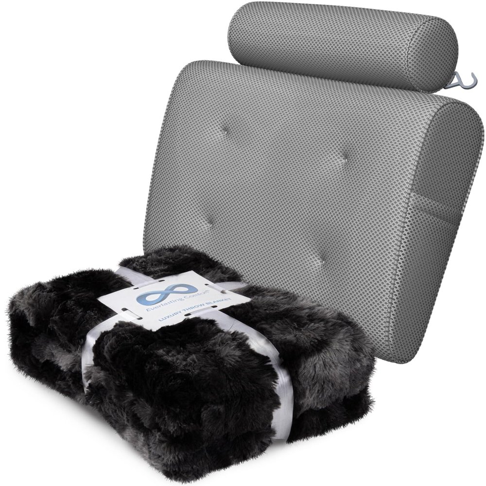 Everlasting Comfort Luxury Bath Pillow & Plush Throw Blanket Bundle - Ultimate Relaxation & Cozy Comfort - Home Spa Experience