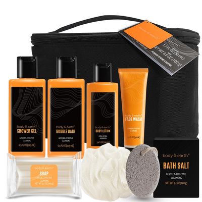 Body & Earth Gift Baskets for Men Bath Set Citrus Scented Bath and Body Gift Set with Body Lotion, Face Wash, Shower Gel, Bubble Bath, Loofah, Birthday Fathers Day Gifts