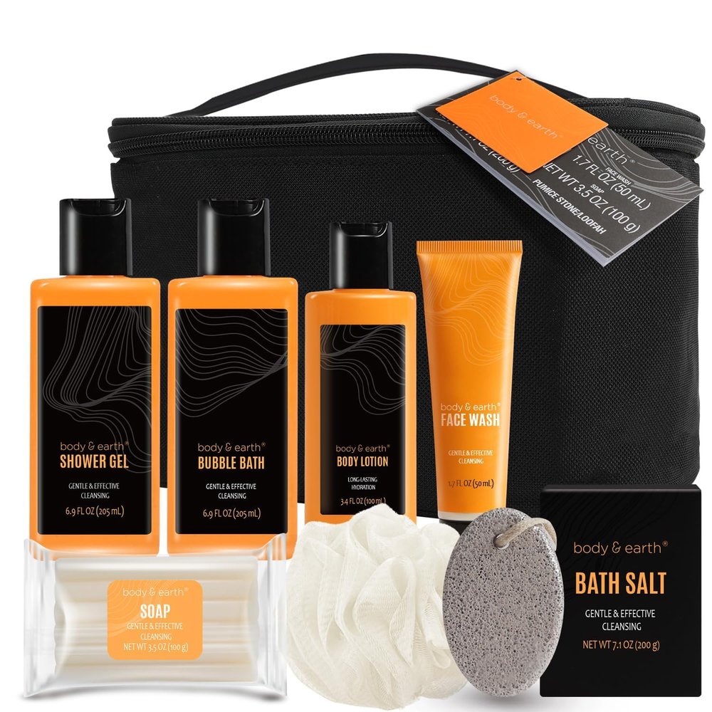 Body & Earth Gift Baskets for Men Bath Set Citrus Scented Bath and Body Gift Set with Body Lotion, Face Wash, Shower Gel, Bubble Bath, Loofah, Birthday Fathers Day Gifts
