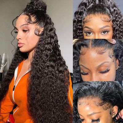 13x6 HD Transparent Lace Front Wigs Human hair Pre Plucked 200% Density Brazilian Water Wave Frontal Wigs Human Hair with Baby Hair Natural Hairline Natural Black Color 28 Inch