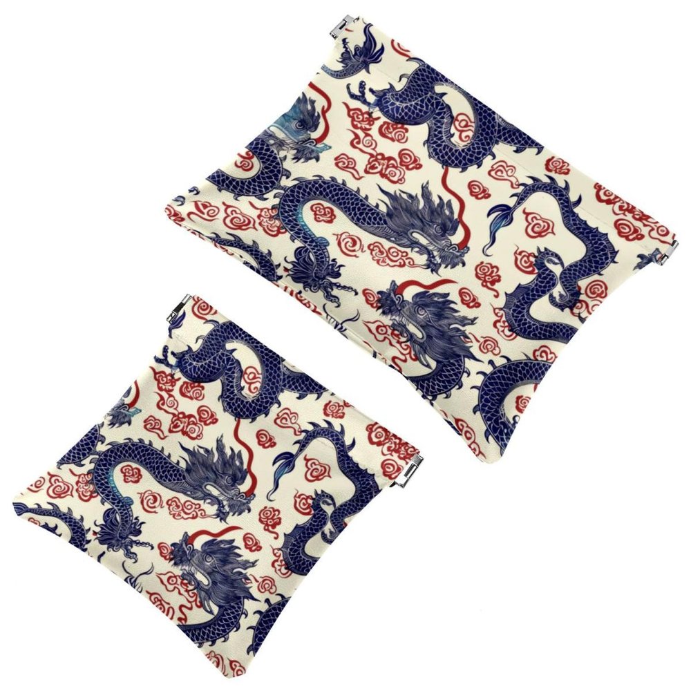 2 Pcs Pocket Cosmetic Bag, Chinese Dragon Cloud Pattern Self-Closing Shrapnel Makeup Bag No Zipper Small Makeup Pouch for Mini Travel Storage for Cosmetics Headphones Jewelry Organizer
